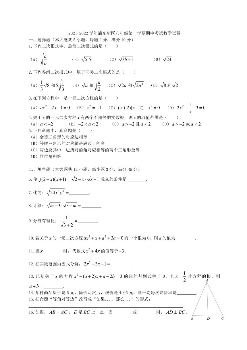 上海市浦东新区2021-2022学年八年级上学期期中考试数学试卷(Word版，附答案）