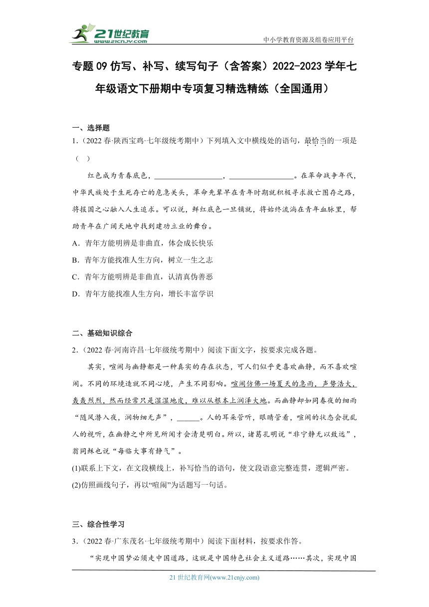 专题09仿写、补写、续写句子（含答案）2022-2023学年七年级语文下册期中专项复习精选精练（全国通用）