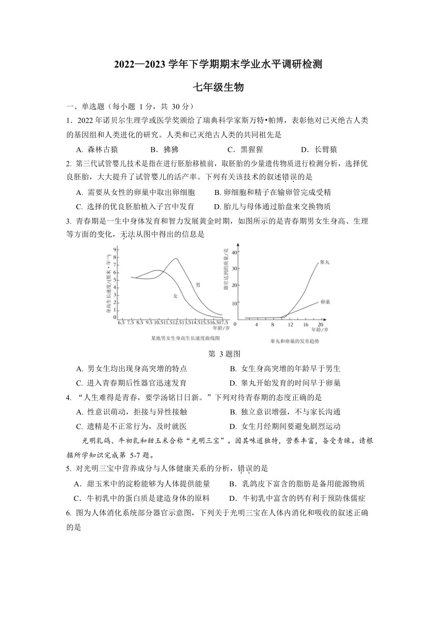 广东省深圳市光明区2022-2023学年七年级下学期期末学业水平调研检测生物试题(无答案）