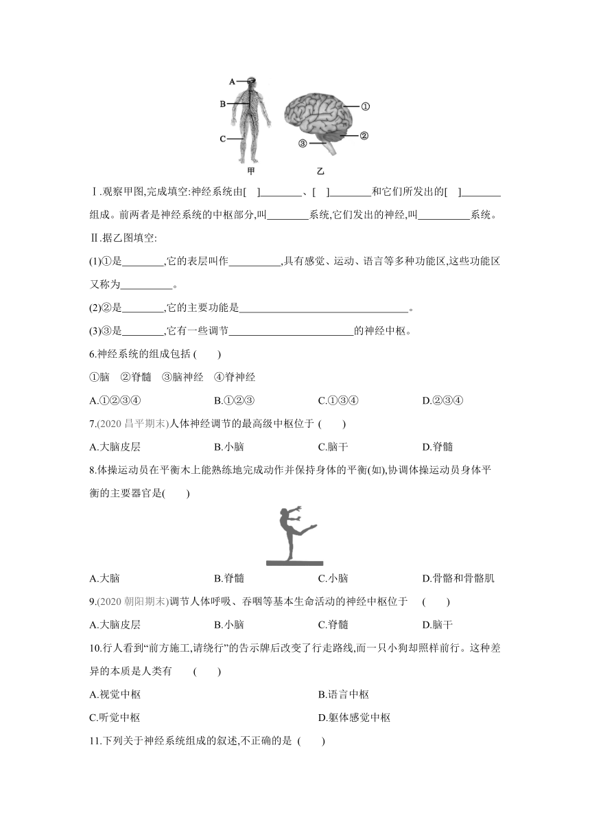 北京版生物七年级下册同步练习：8.1　神经系统的组成(word版含答案）