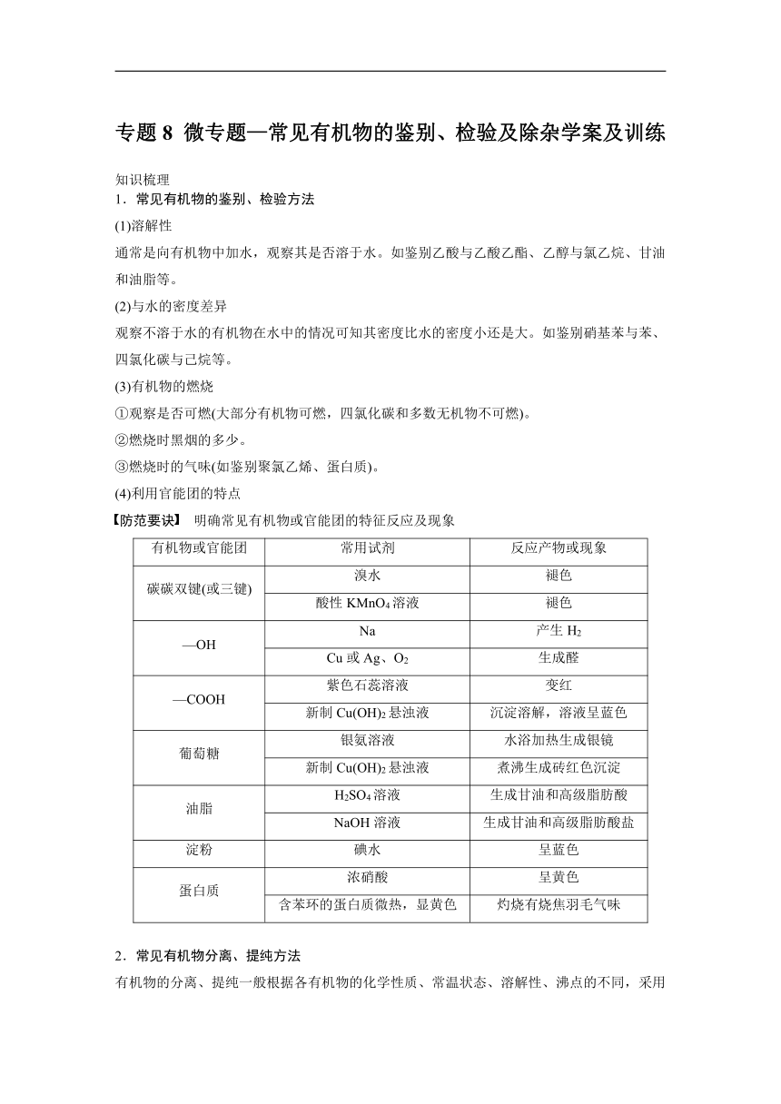 专题8 微专题—常见有机物的鉴别、检验及除杂-讲义（知识梳理+训练）【新教材】2020-2021学年高一化学（苏教版（2019）必修二）