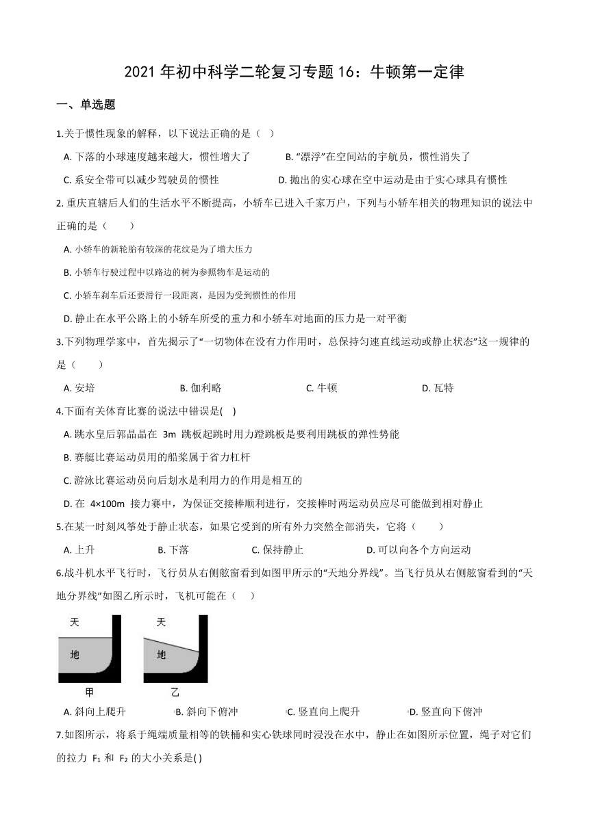 2021年初中（浙教版）科学二轮复习专题16：牛顿第一定律 (含解析)