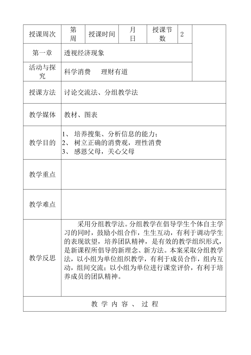 活动与探究：科学消费 理财有道 教案（表格式）