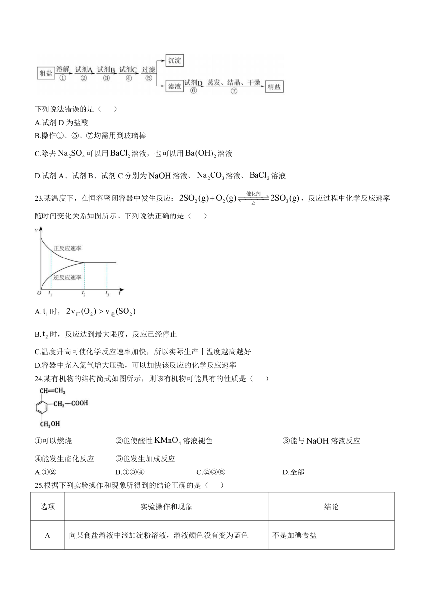 浙江省台州市山海协作体2022-2023学年高一下学期4月期中考试化学试题（含答案）