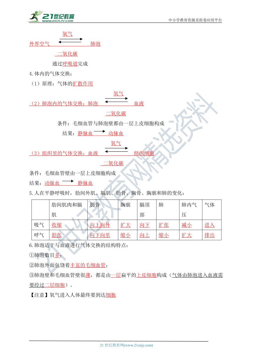 人教版七年级下册生物《第三章 人体的呼吸》知识清单