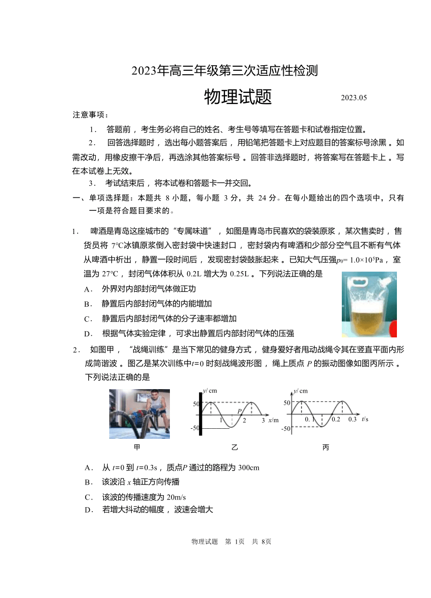 山东省青岛市2023届高三下学期第三次适应性检测物理试题（含答案）