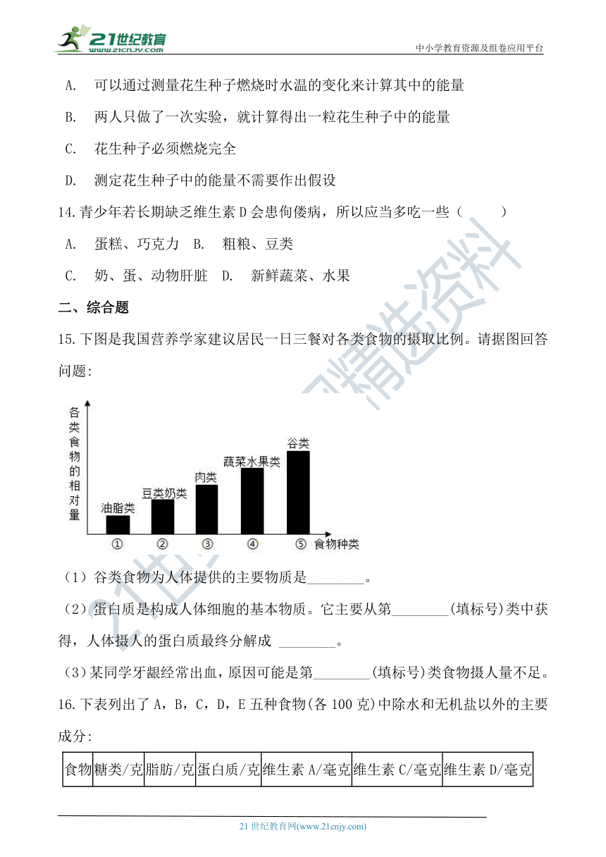 人教版七年级下4.2.1 食物中的营养物质同步练习（含答案）