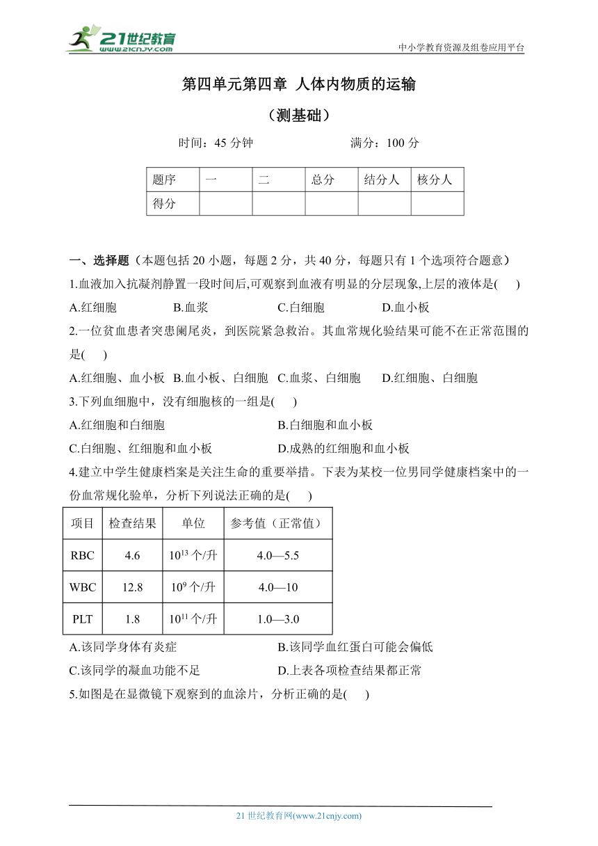 人教版生物七年级下册单元检测卷 第四单元第四章 人体内物质的运输（测基础）（含解析）