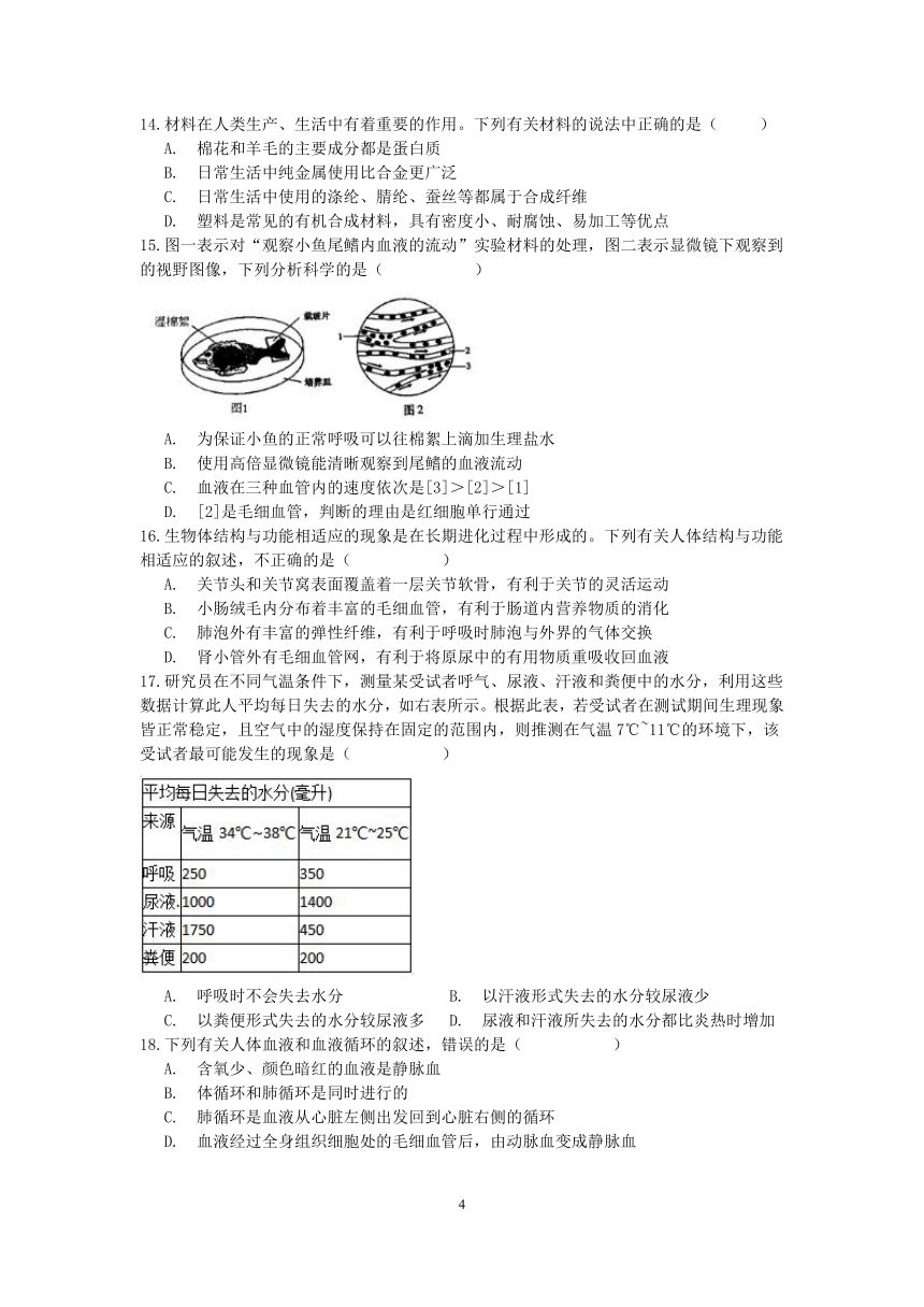 浙江省杭州市滨江区闻涛中学2020-2021学年第二学期九年级科学开学测试【word，含答案】