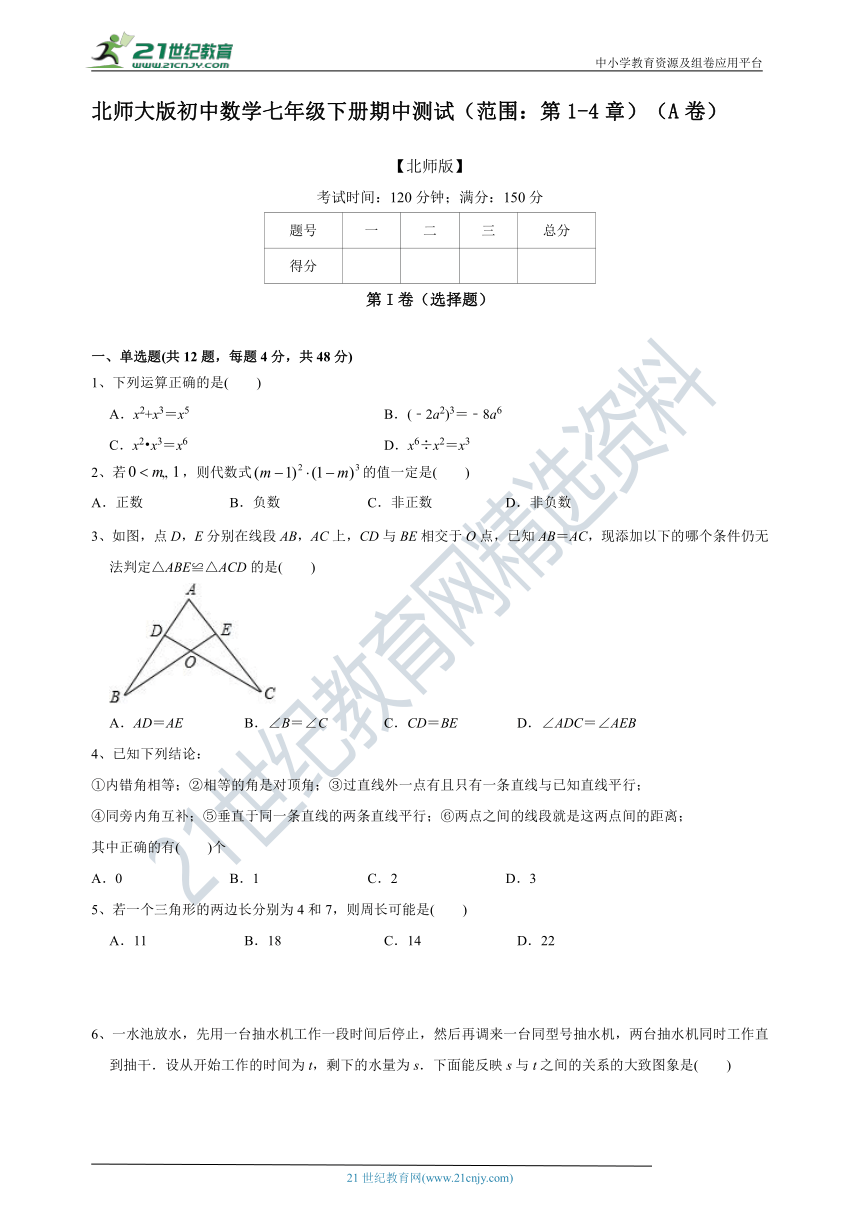 2022年北师大版初中数学七年级下册期中测试（范围：第1-4章）（A卷）（含答案）