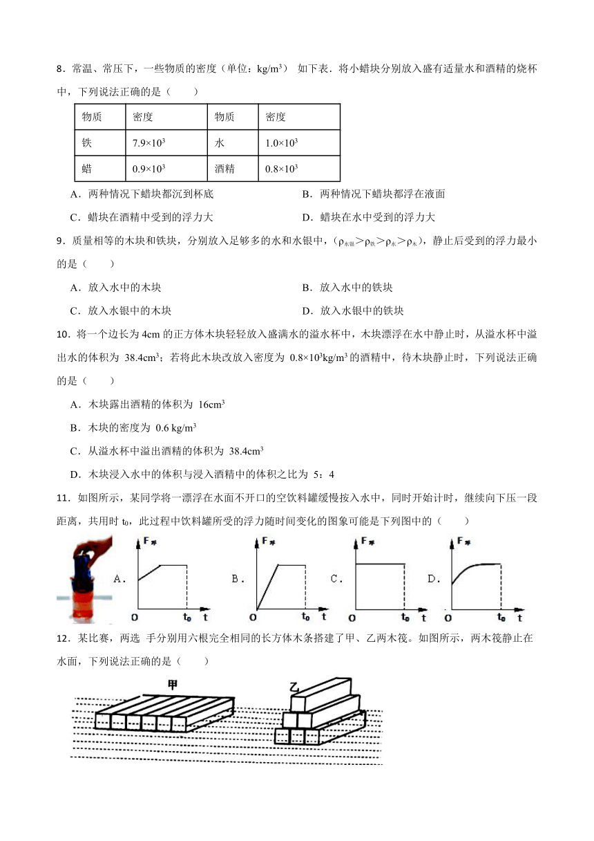 苏科版八年级物理下册10.5物体的浮与沉   课堂练习  含答案