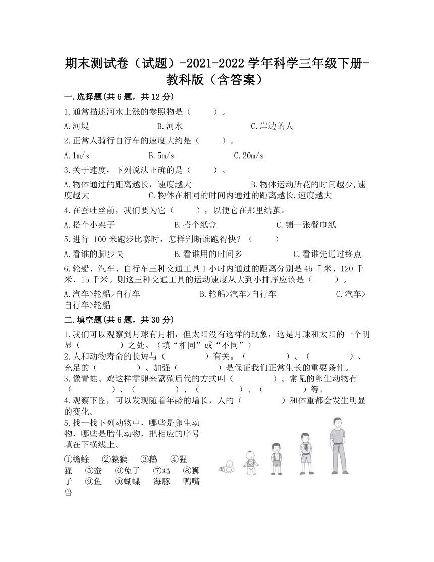 教科版（2017秋）2021-2022学年科学三年级下册期末测试卷三（含答案）