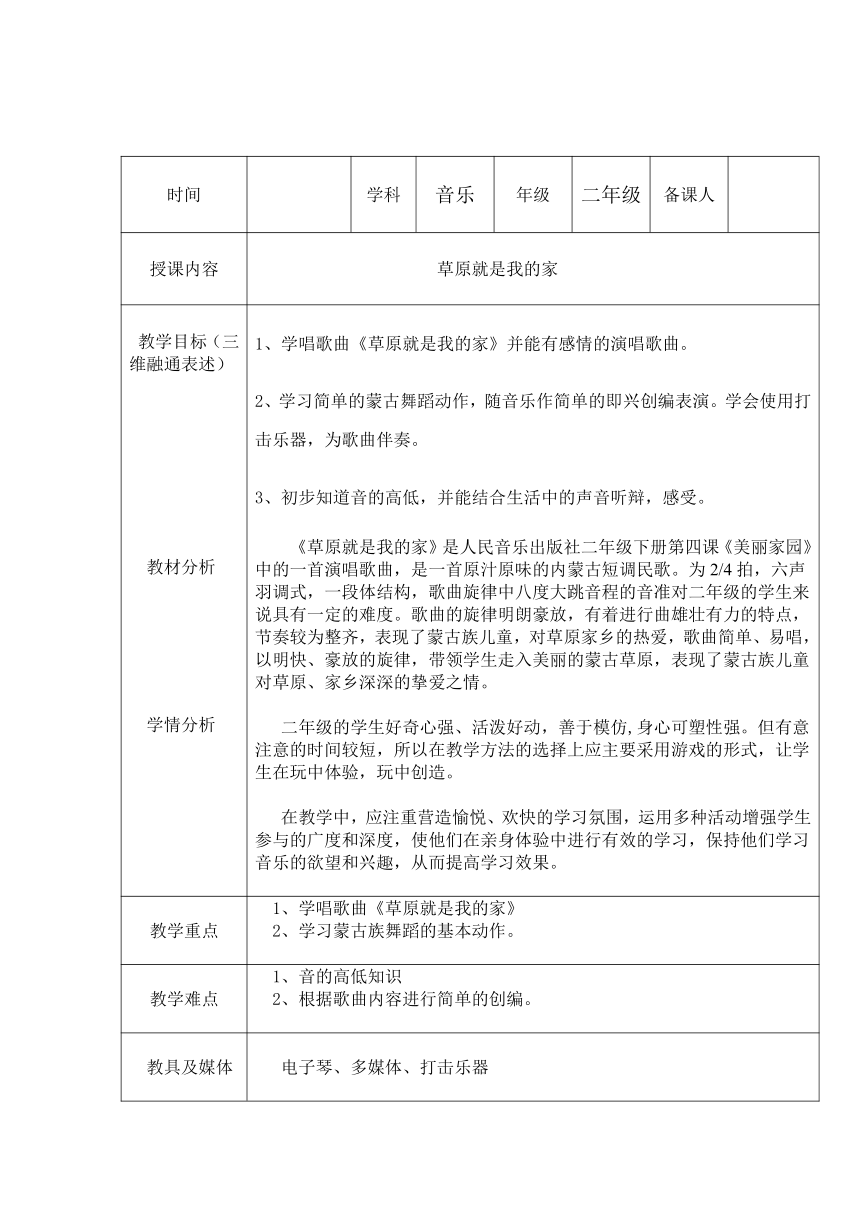 人音版 （五线谱）  二年级下册音乐 4 《草原就是我的家》 ︳教案（表格式）