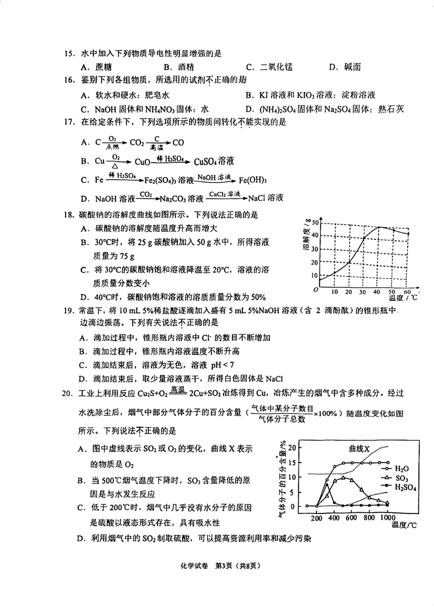 2023~2024 江苏省苏州市姑苏区中考一模化学试卷（PDF无答案）