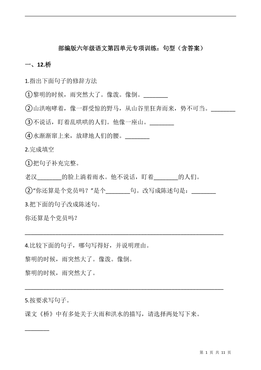 部编版六年级语文上册第四单元专项训练：句型（含答案）