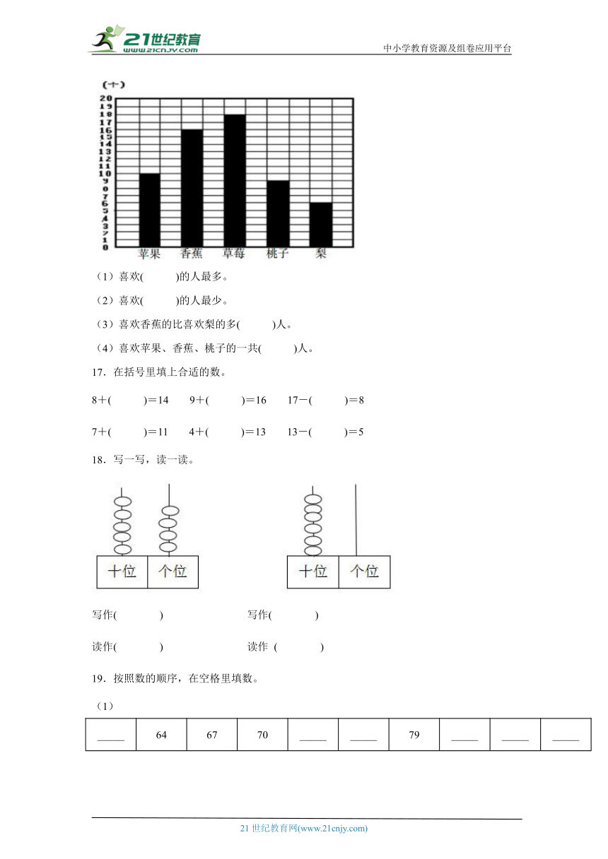 人教版小学数学一年级下册暑假作业（十九）（含答案）