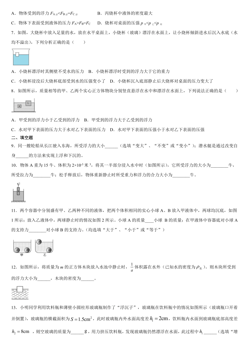 10.3 物体的浮沉条件及应用 暑假作业 2021年河南省淮滨县第一中学人教版八年级物理下册（含答案）