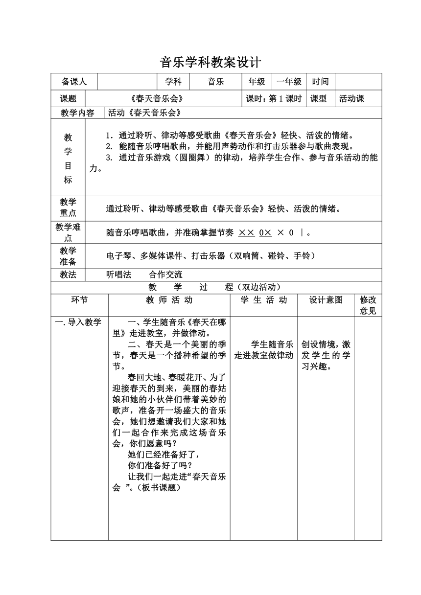 人教版 一年级下册音乐 第二单元 欣赏 春天音乐会 教案（表格式）