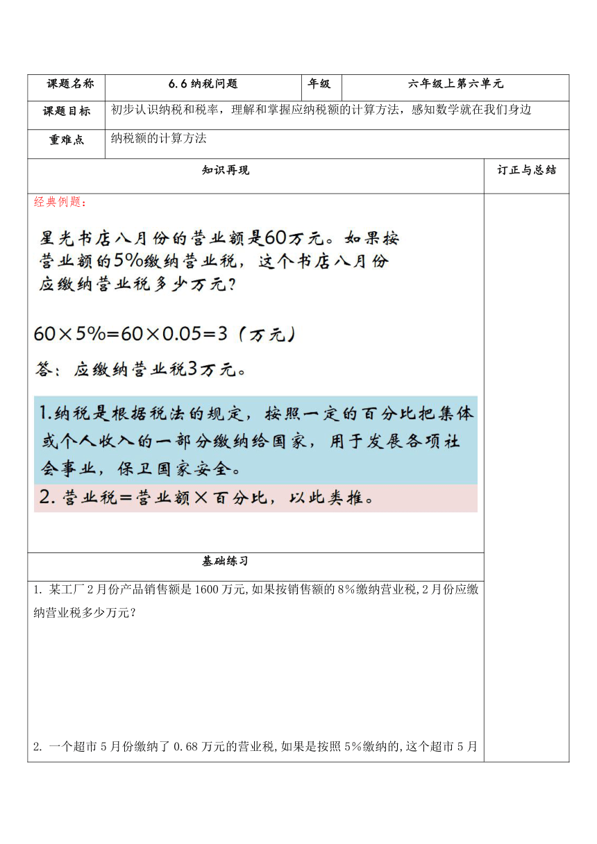 苏教版数学六年级上册 6.6 纳税问题 试题（讲解+巩固精练）（含答案）