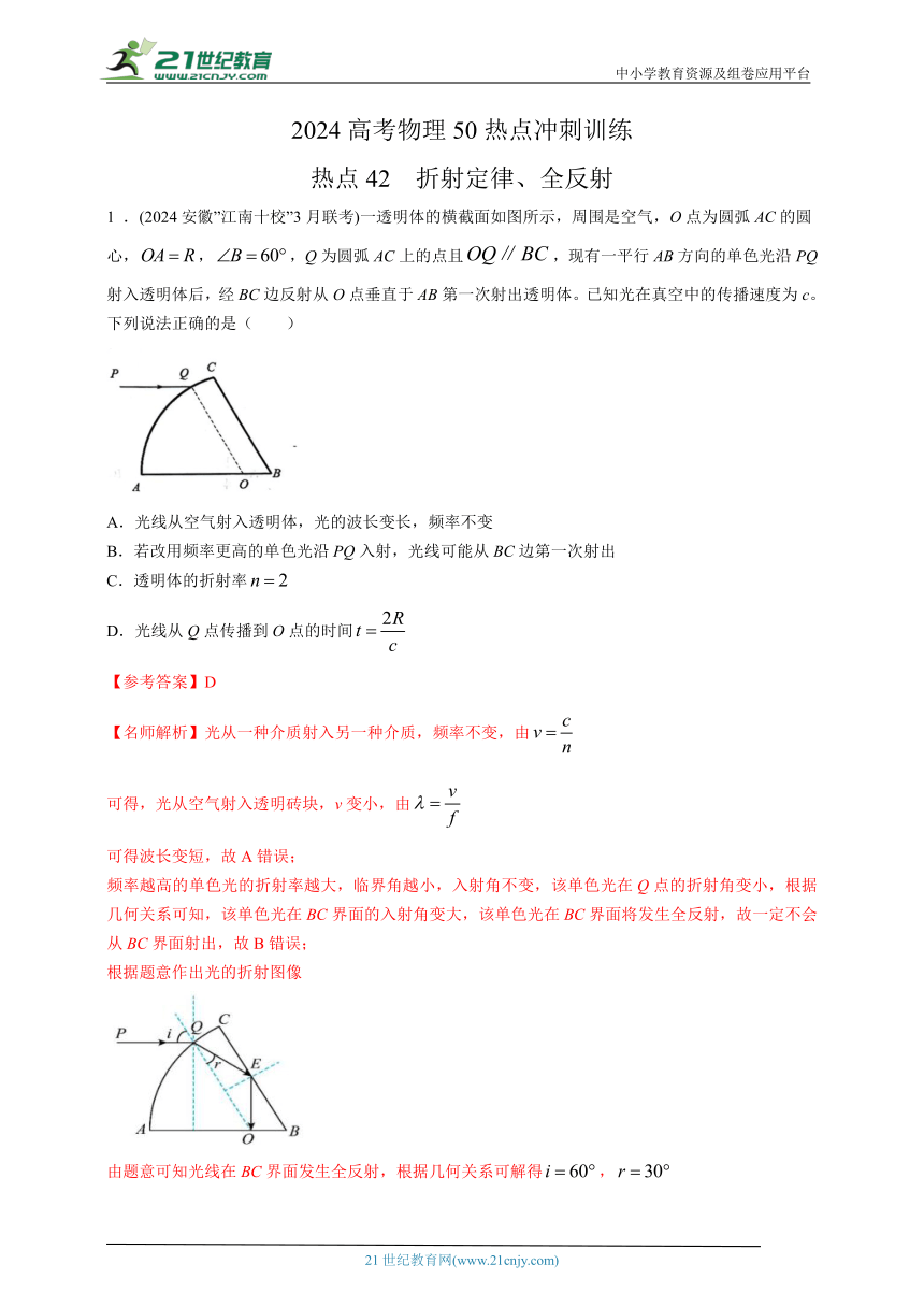 热点42  折射定律、全反射 --高考物理50热点冲刺精练（名师解析）