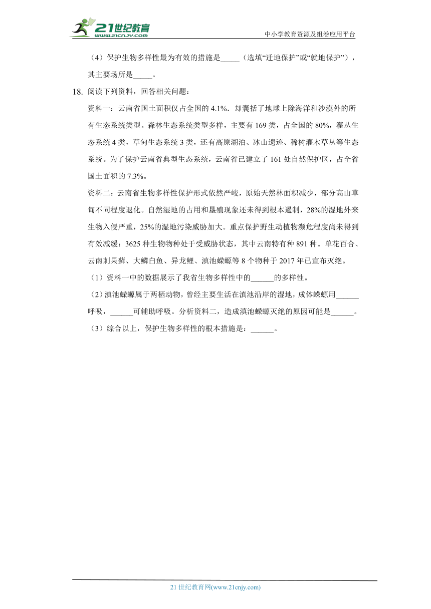 苏教版初中生物八年级上册15.1生物多样性  同步练习（含答案解析）