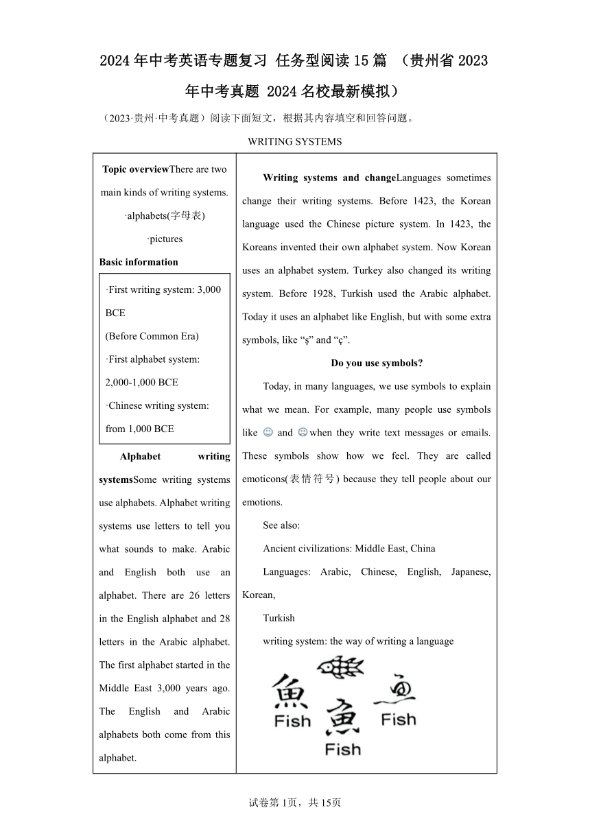 2024年中考英语专题复习 任务型阅读15篇 （贵州省2023年中考真题+2024名校最新模拟）（含解析）