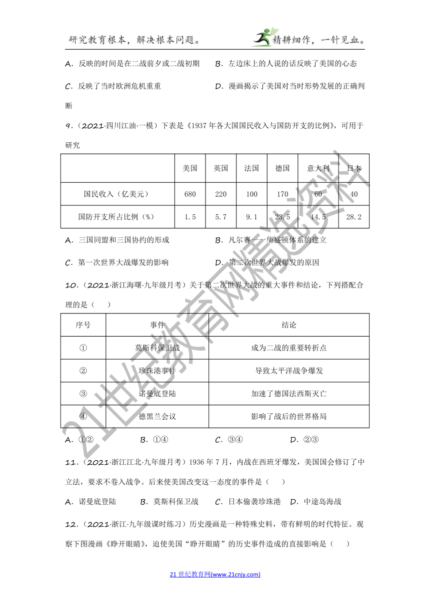 2022年中考历史与社会一轮复习名师导航【考点训练】考点31 知道形成第二次世界大战的重要人物和时间，理解大战的起因、性质和后果（含答案及解析）