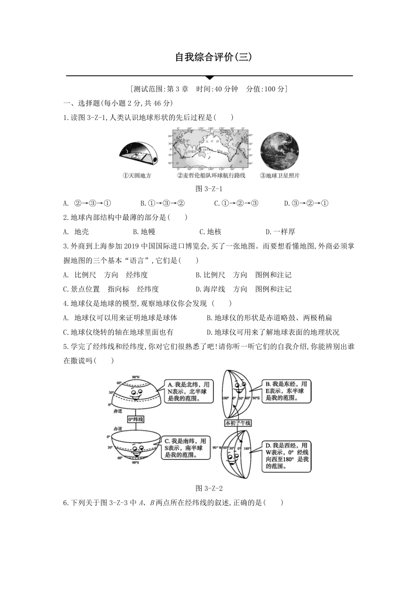 第三章 人类的家园——地球 自我综合评价---2021—2022学年浙教版七上科学（含答案）