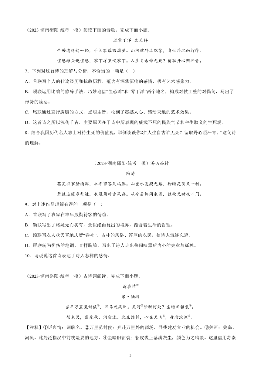 2023年湖南省九年级语文中考一模试题分项选编：诗歌鉴赏题（含解析）