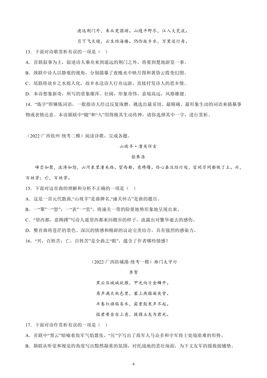 广西壮族自治区2023年九年级中考备考语文专题复习：诗歌鉴赏题（含解析）