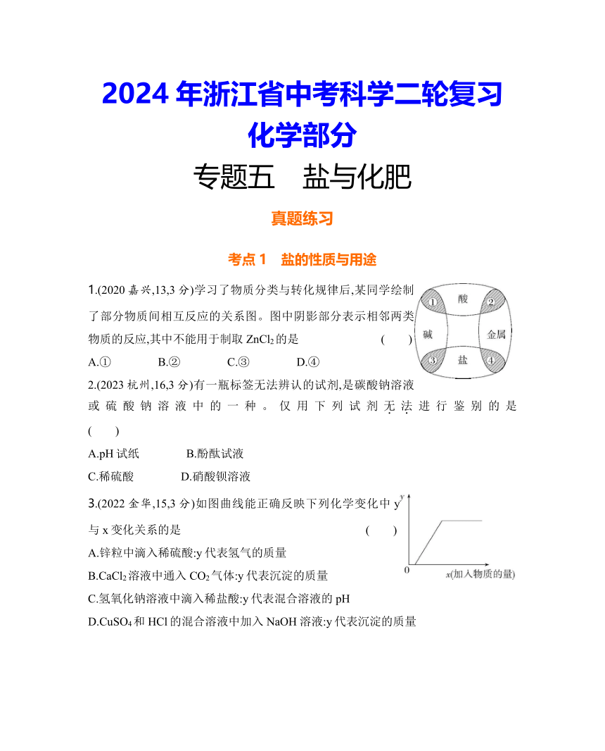 2024年浙江省中考科学二轮复习化学部分：专题五 盐与化肥练习（含答案）
