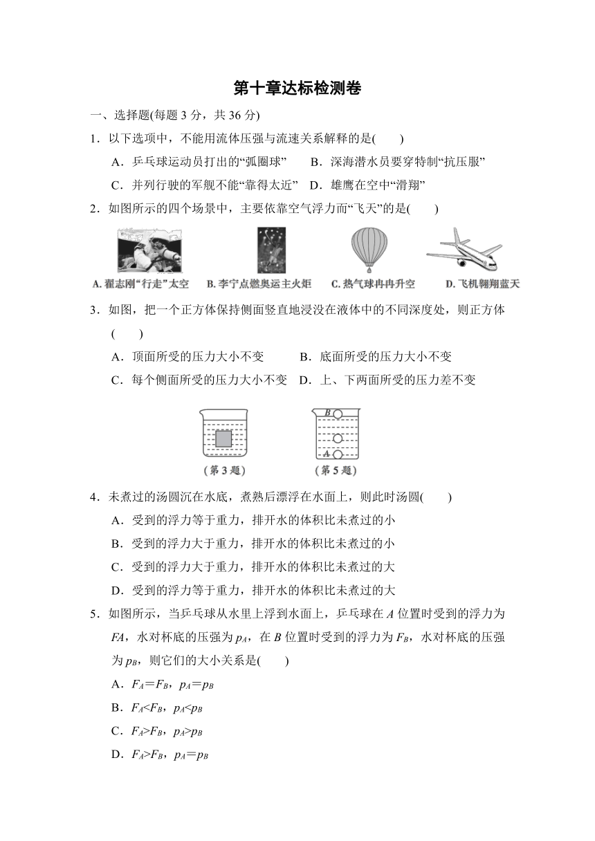 教科版八年级下册物理试卷  第十章流体的力现象 达标检测卷（含答案）