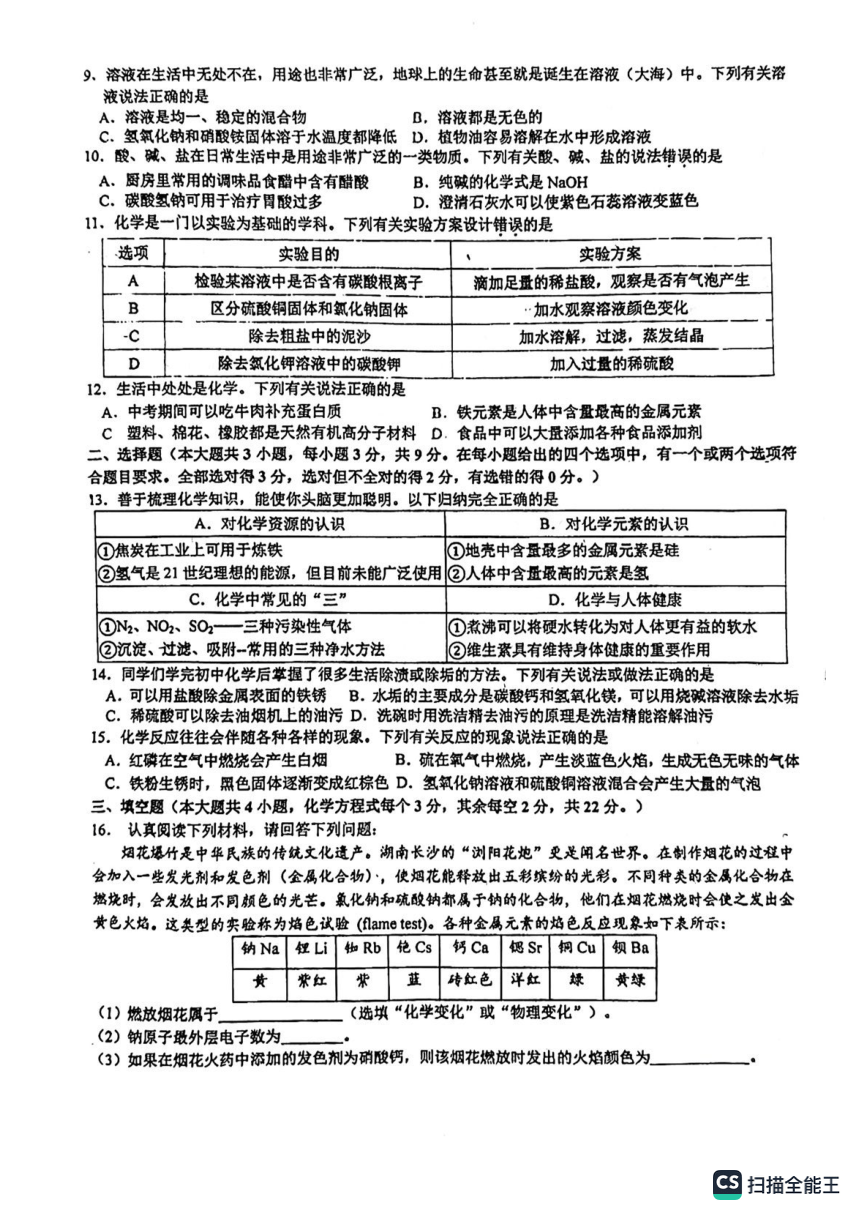 2023年湖南省长沙市青竹湖湘一外国语学校中考三模化学试卷（图片版无答案）