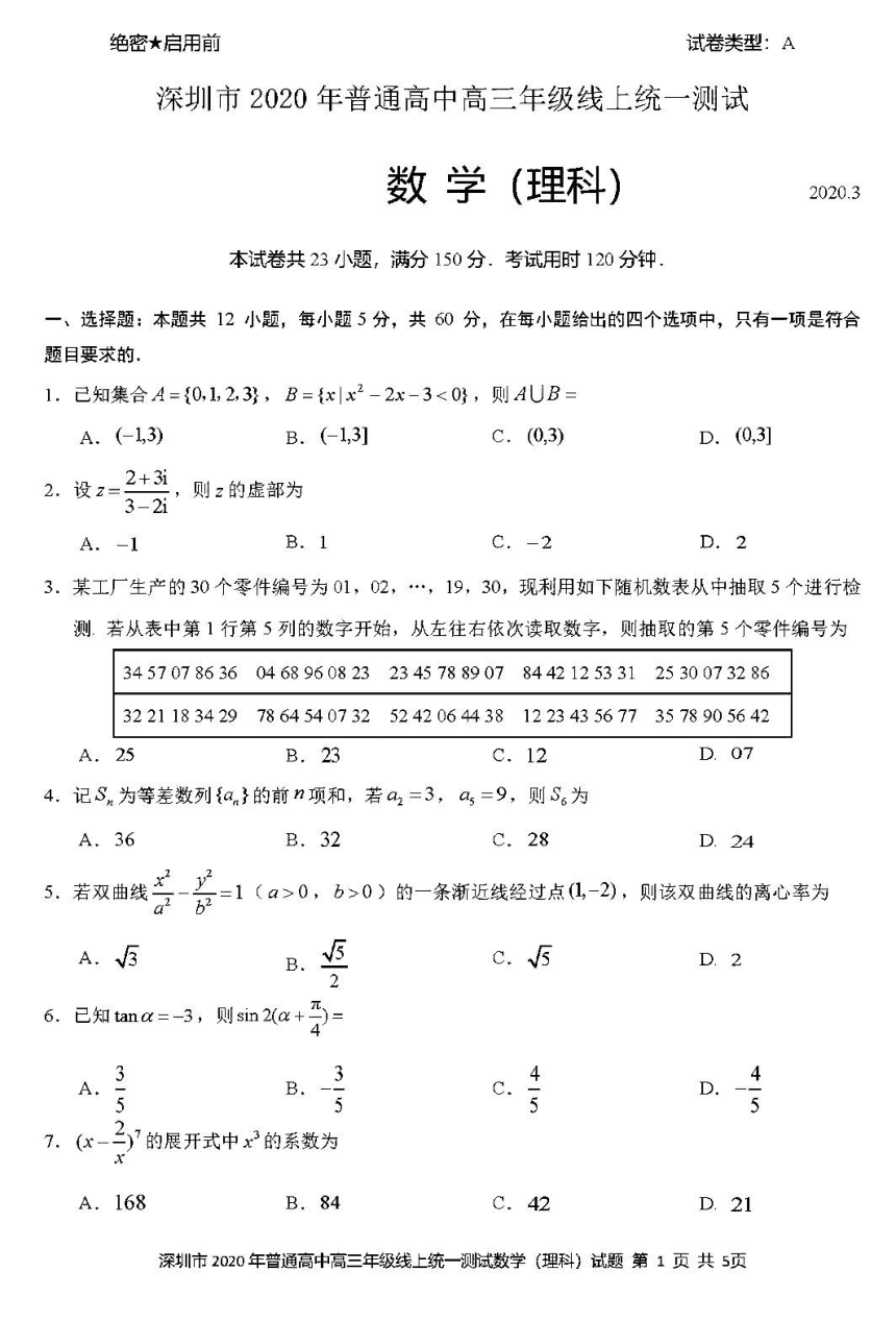 2021广东深圳高三第一次调研数学试卷  PDF版含答案