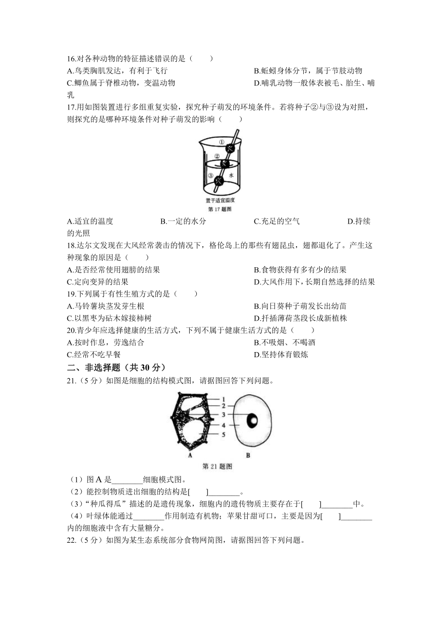 2023年吉林省四平市第十四中学、四平市第十七中学、四平市第二十中学中考三模生物试题（含答案）