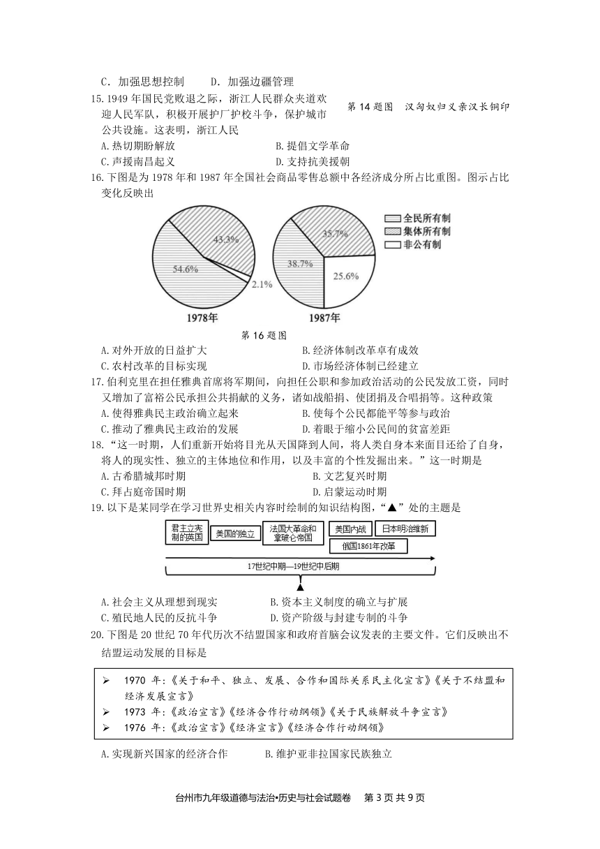 2024年浙江台州市适应性试题历史与社会道德与法治一模试题（无答案）