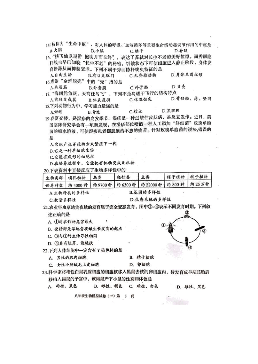 2023年湖南省邵阳市初中学业水平考试模拟生物试卷（一）（图片版含答案）