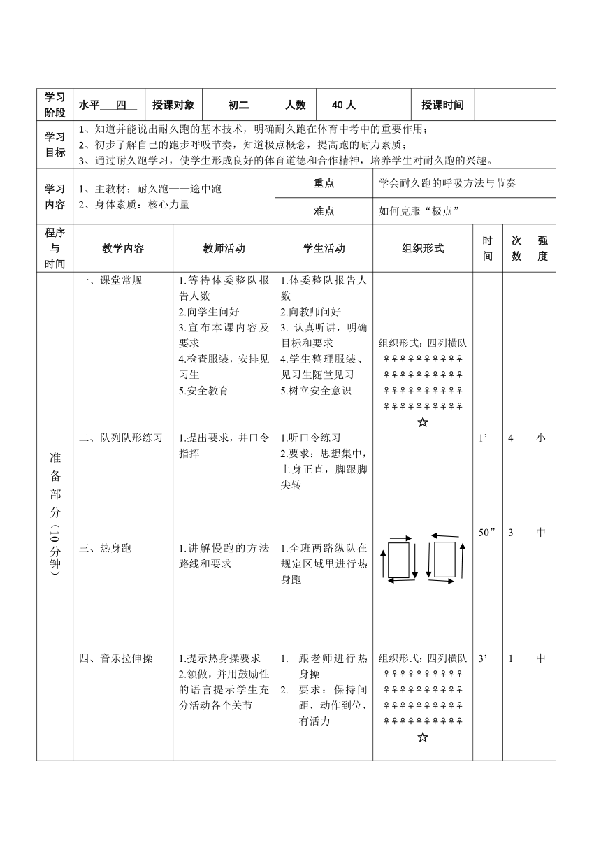 2022-2023学年初中体育与健康人教版八年级全一册 第二章　田径——耐久跑——途中跑 教案（表格式）