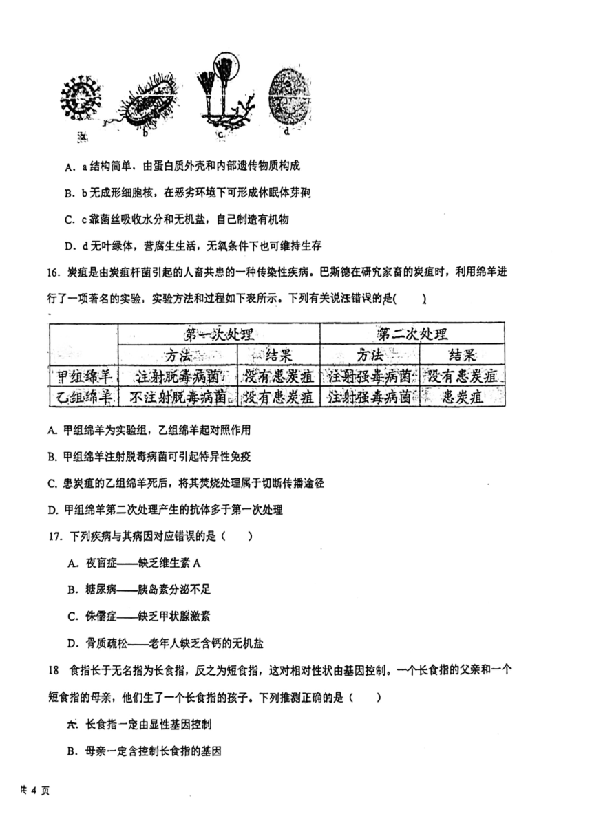 江西省新余市第四中学2023-2024学年八年级下学期期中检测生物试卷（PDF版无答案）