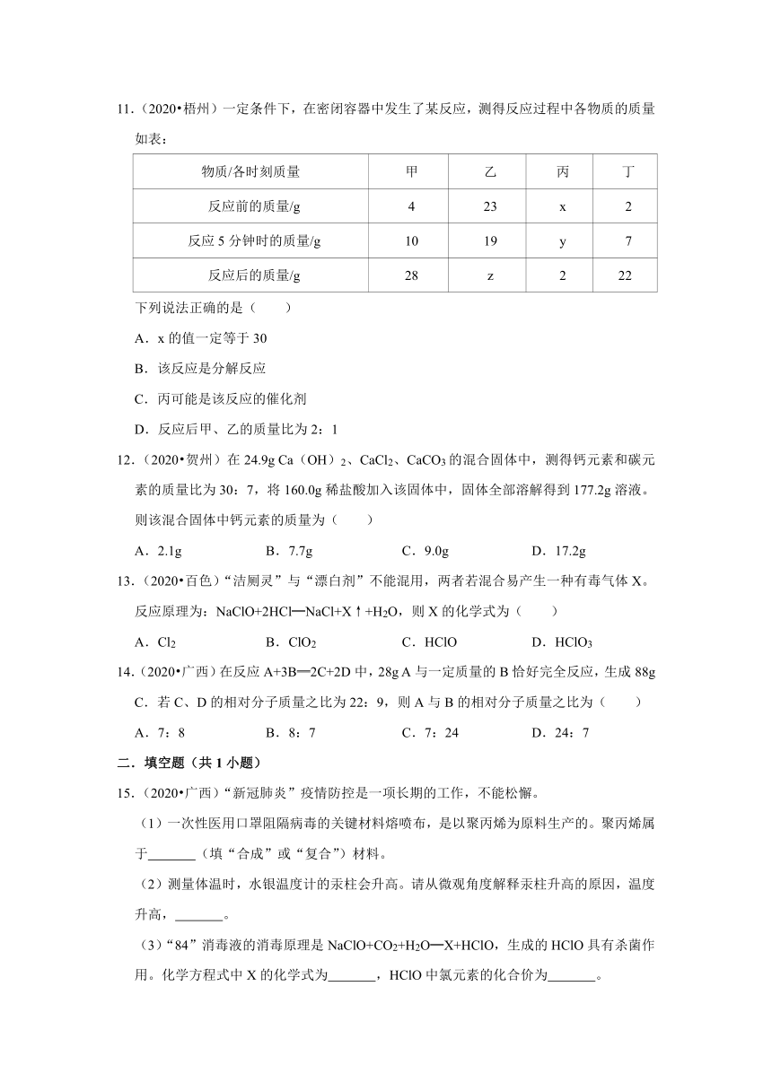 2020、2021年广西中考化学试题分类——专题3质量守恒定律（含解析）