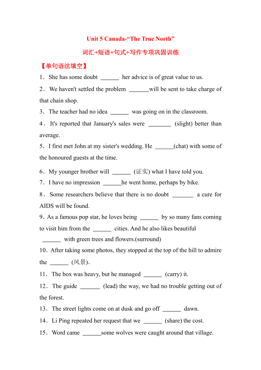 高考基础专攻~人教必修三 Unit 5 Canada— “The True North”词汇+短语+句式+写作专项巩固训练（含答案）