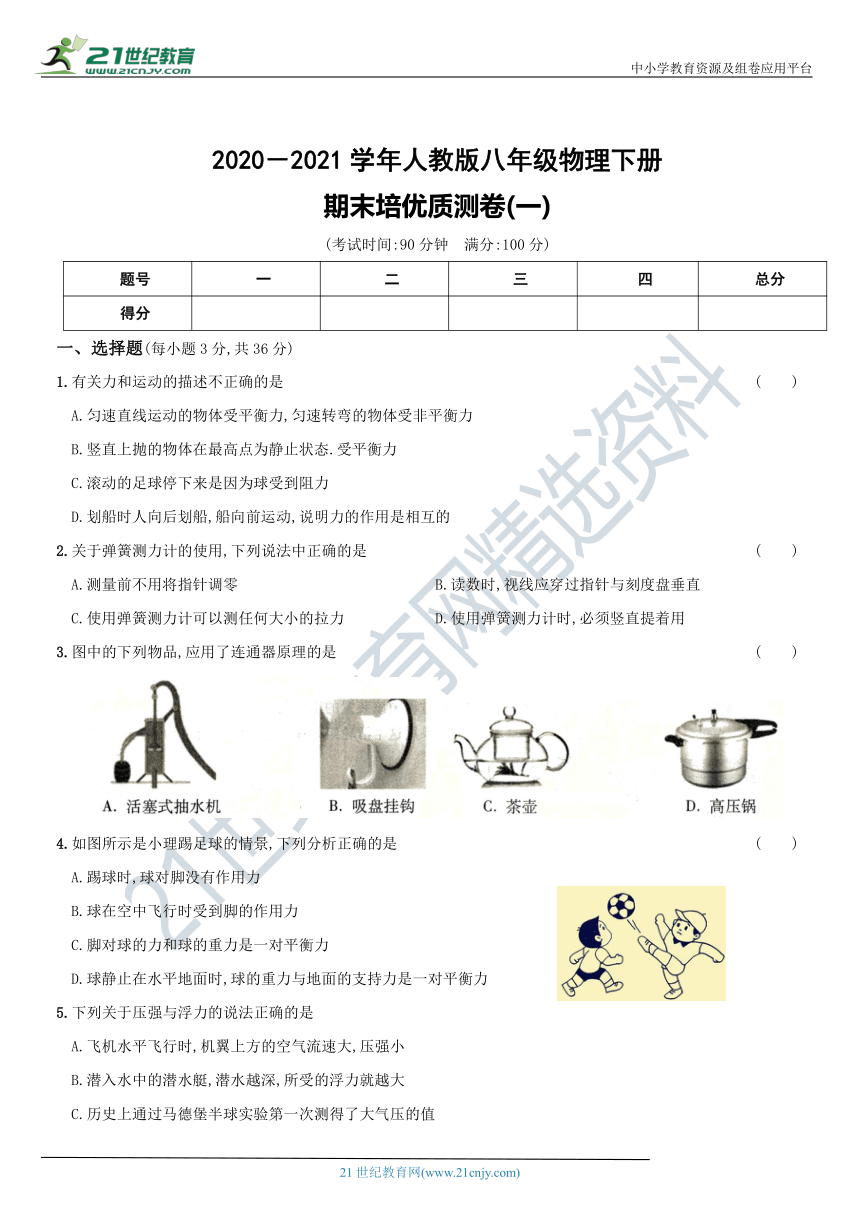 期末培优质测卷（一）－2020－2021学年度八年级物理下册（含解析）