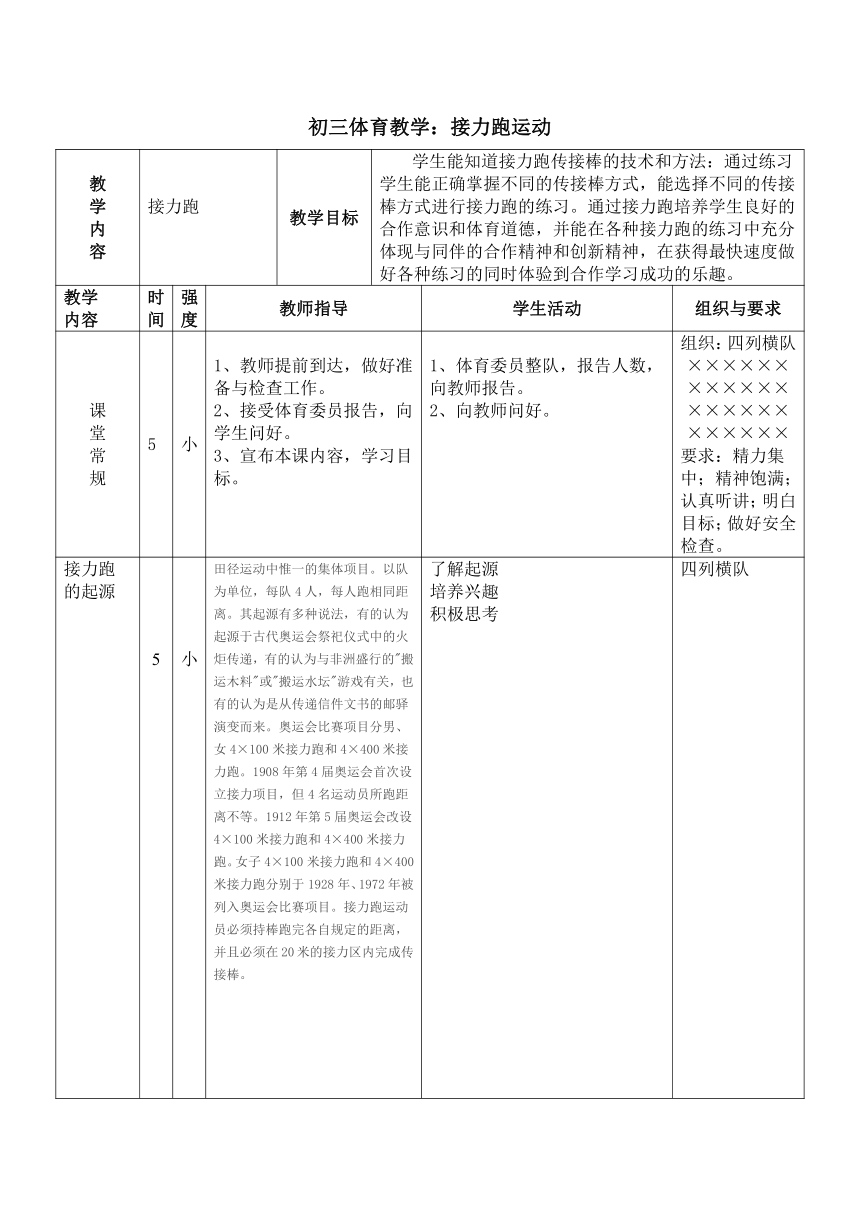 初三体育教学：接力跑运动教案（表格式）