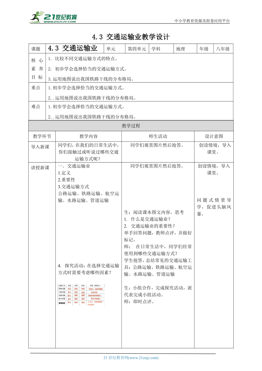 第四章第三节 交通运输业教学设计（表格式）