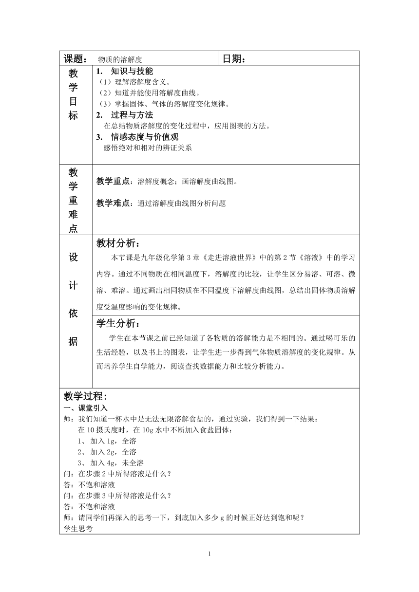沪教版（上海）初中化学九年级上册 3.2  物质的溶解度  教案(表格式)