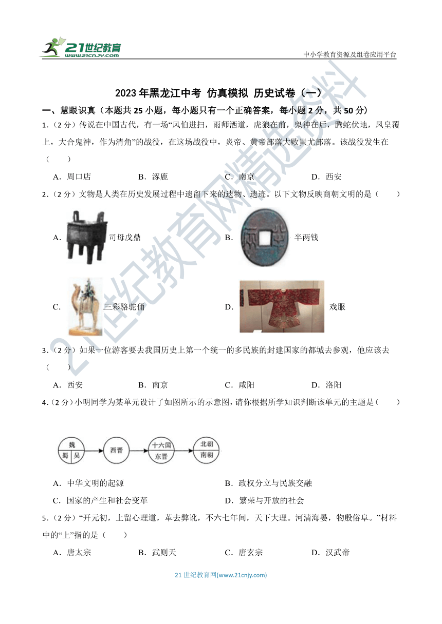 2023年黑龙江中考 仿真模拟 历史试卷（一）含答案