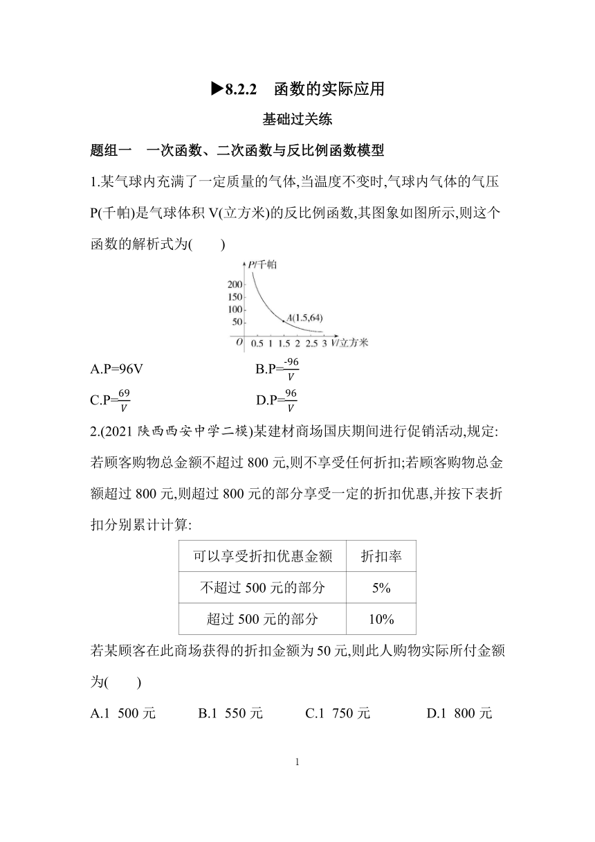 苏教版（2019）高中数学必修一8.2.2　函数的实际应用同步练习（Word含答案）
