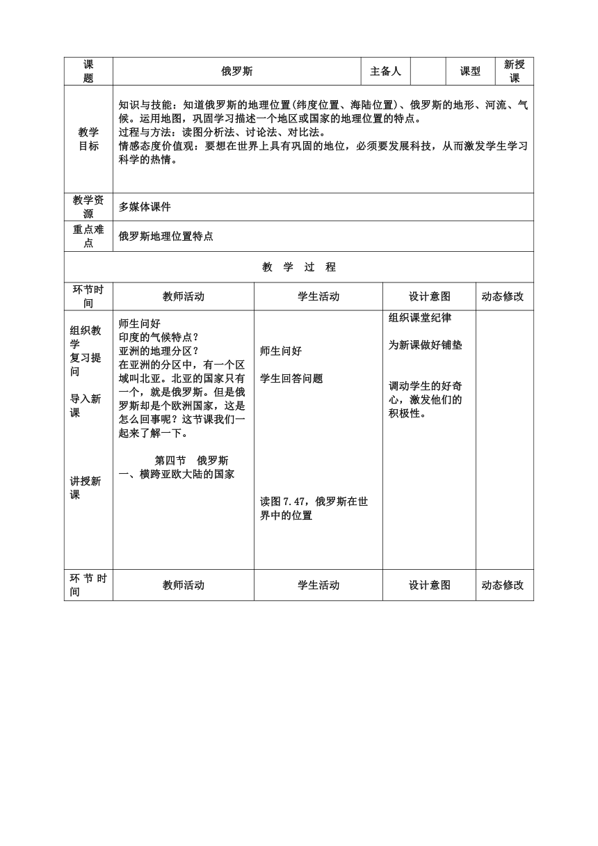 人教版地理七年级下册 7.4 俄罗斯 教案（表格式）