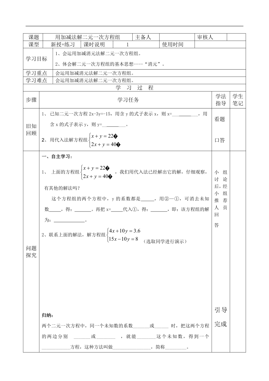 人教版七年级数学下册人教版用加减法解二元一次方程组 导学案（表格式 无答案）