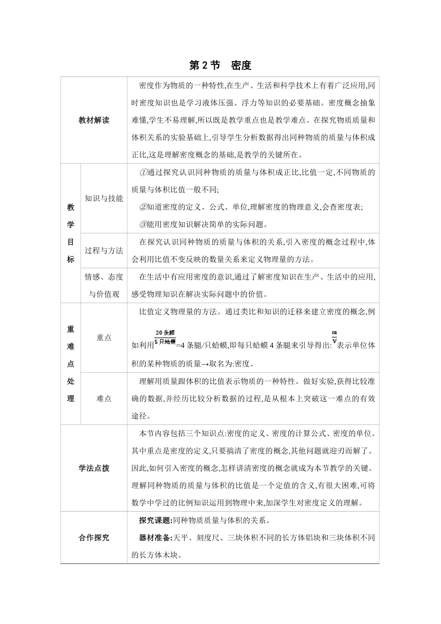 2023-2024学年人教版物理八年级上册同步教案：6.2 密度（表格式）